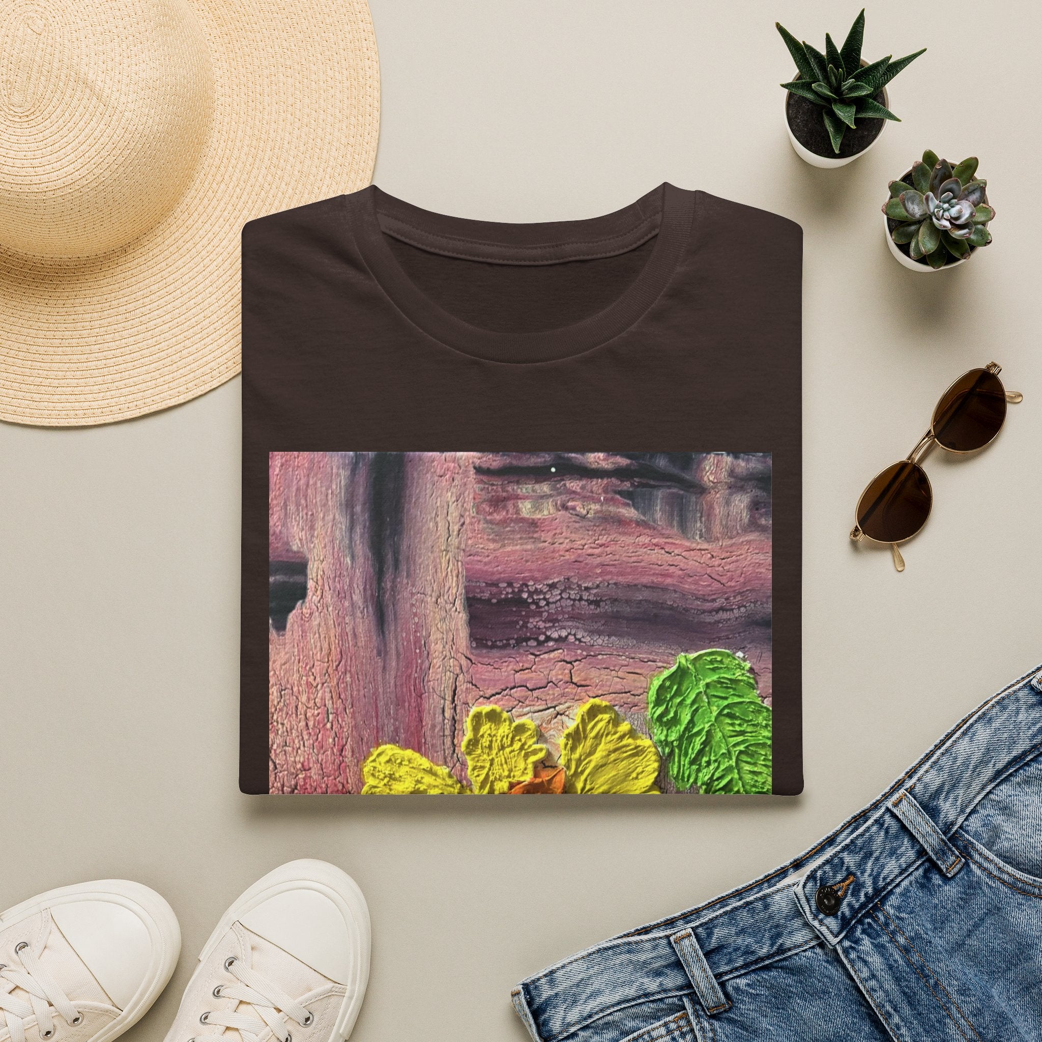 Floral Woodgrain Tee — Colorful Hydrangea Print T-Shirt
