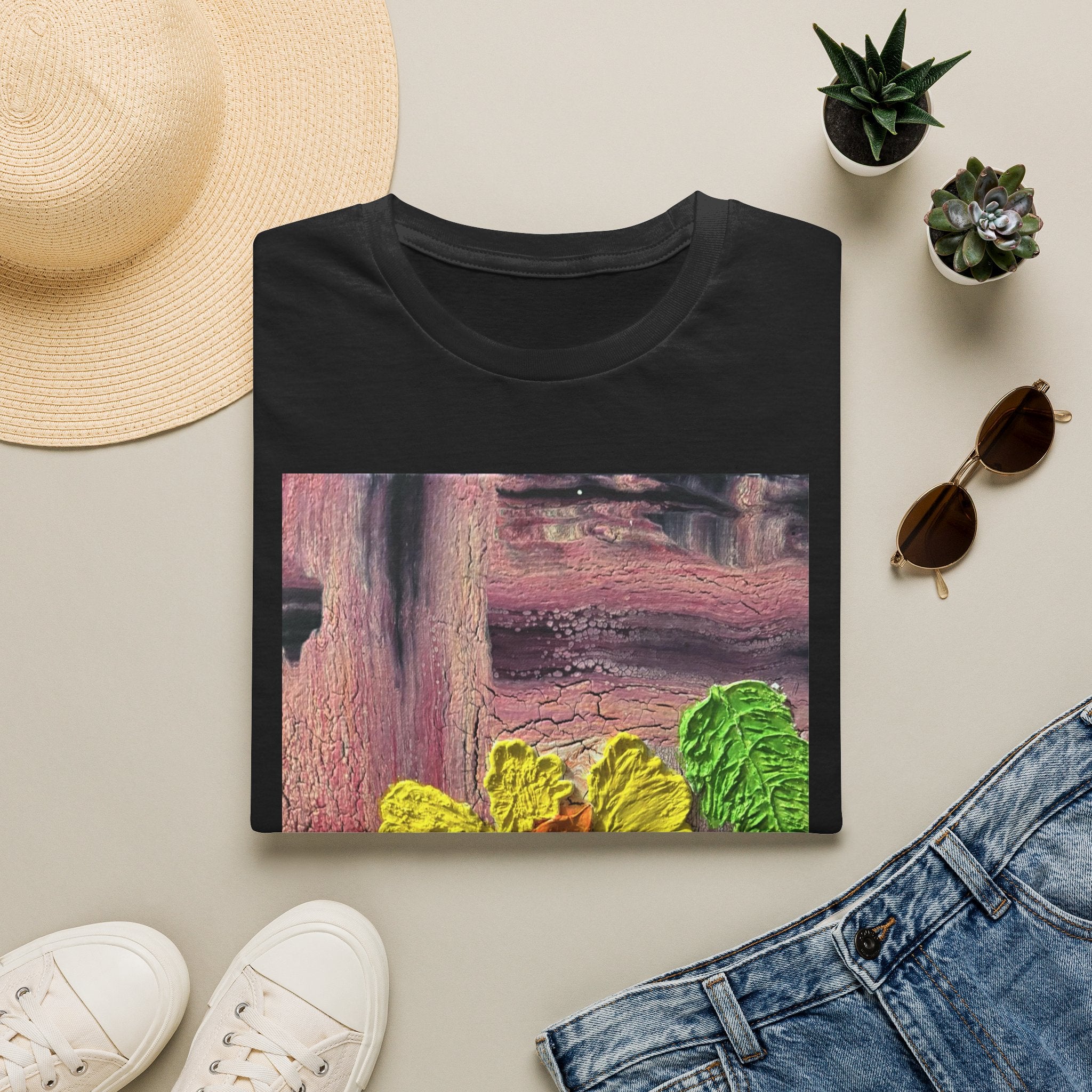 Floral Woodgrain Tee — Colorful Hydrangea Print T-Shirt