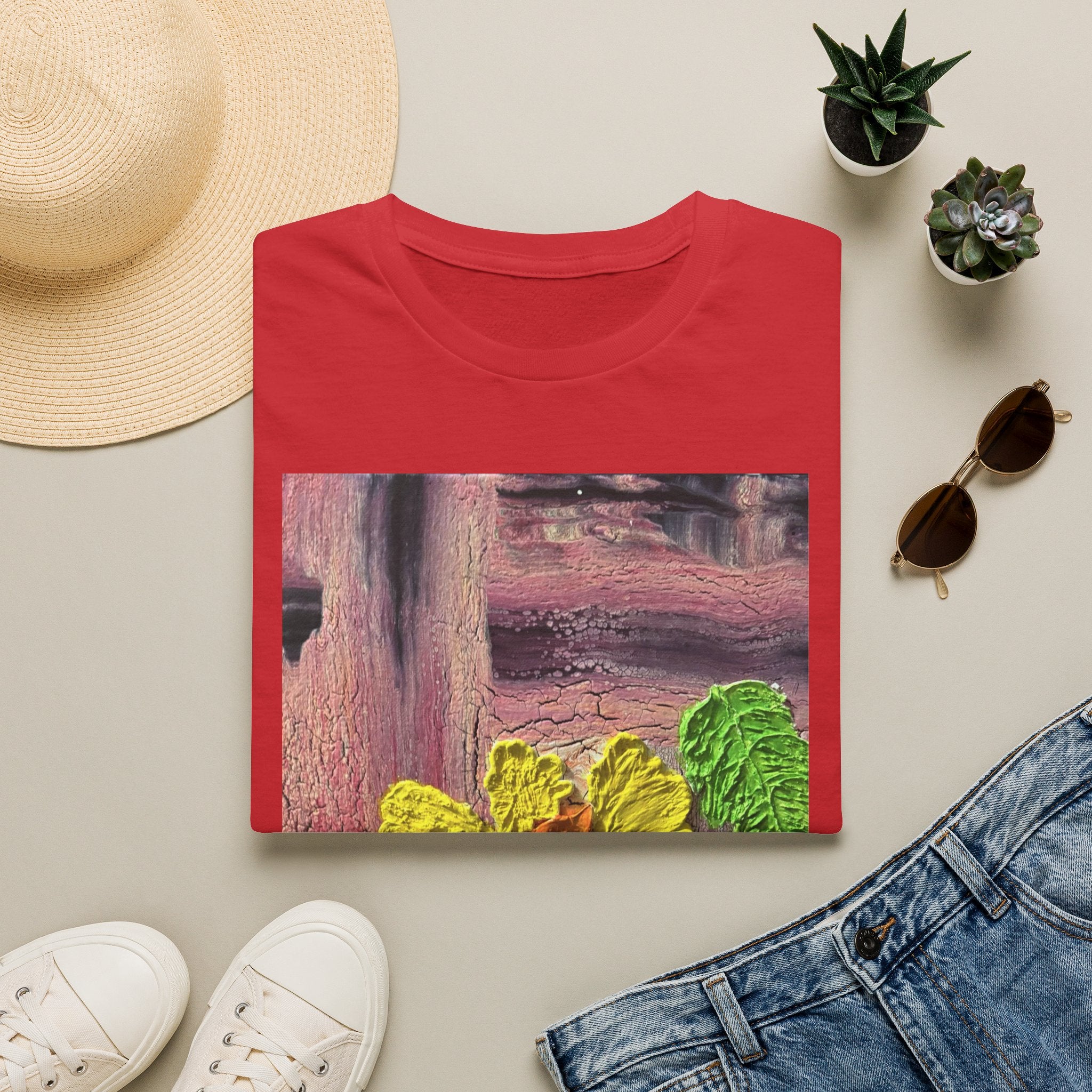 Floral Woodgrain Tee — Colorful Hydrangea Print T-Shirt