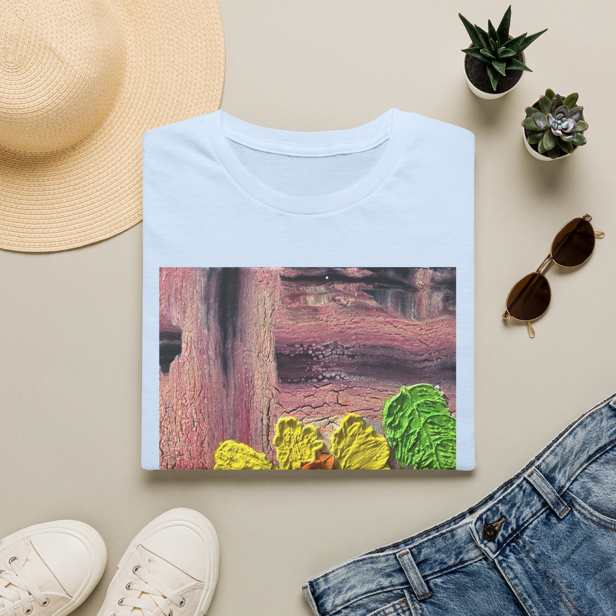 Floral Woodgrain Tee — Colorful Hydrangea Print T-Shirt