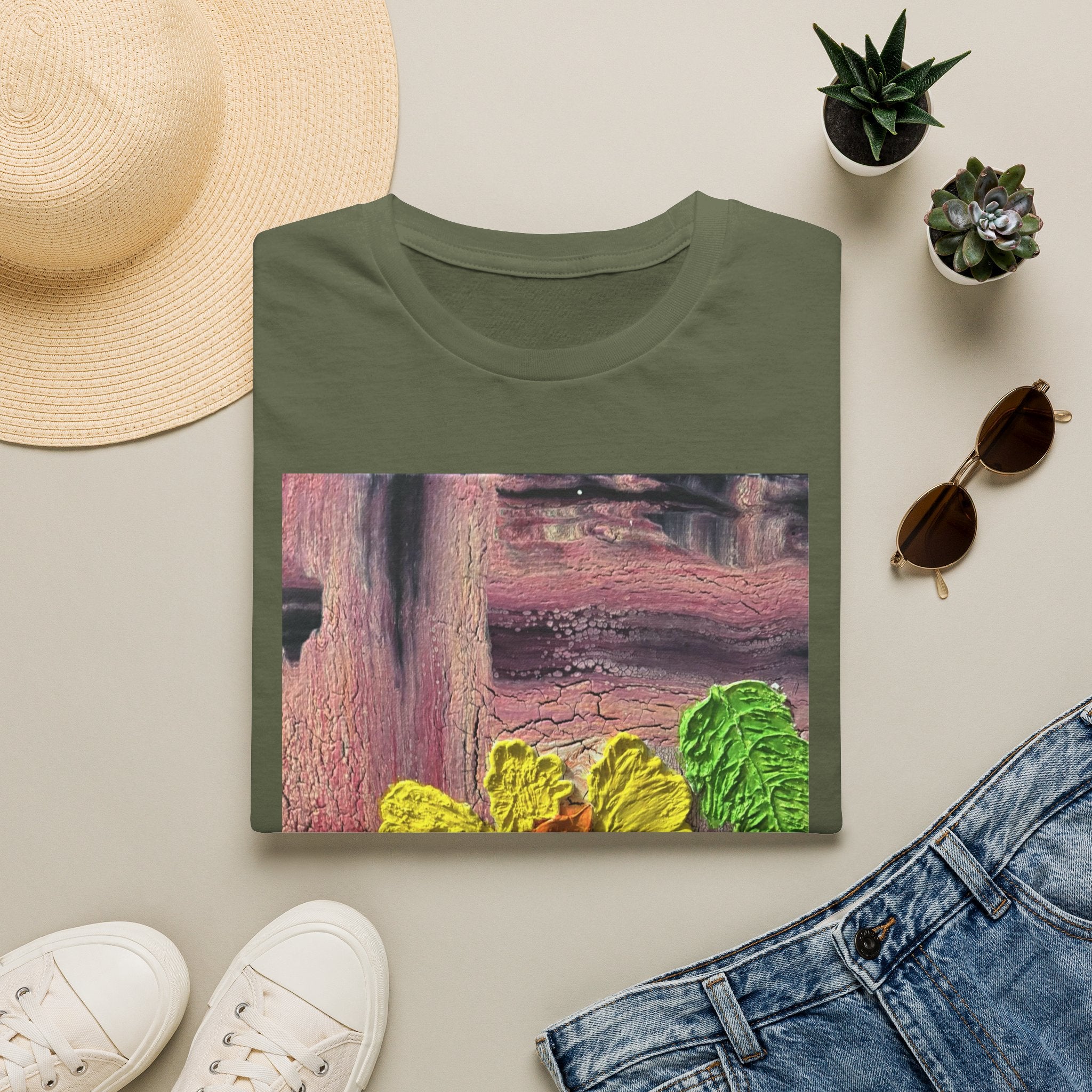 Floral Woodgrain Tee — Colorful Hydrangea Print T-Shirt