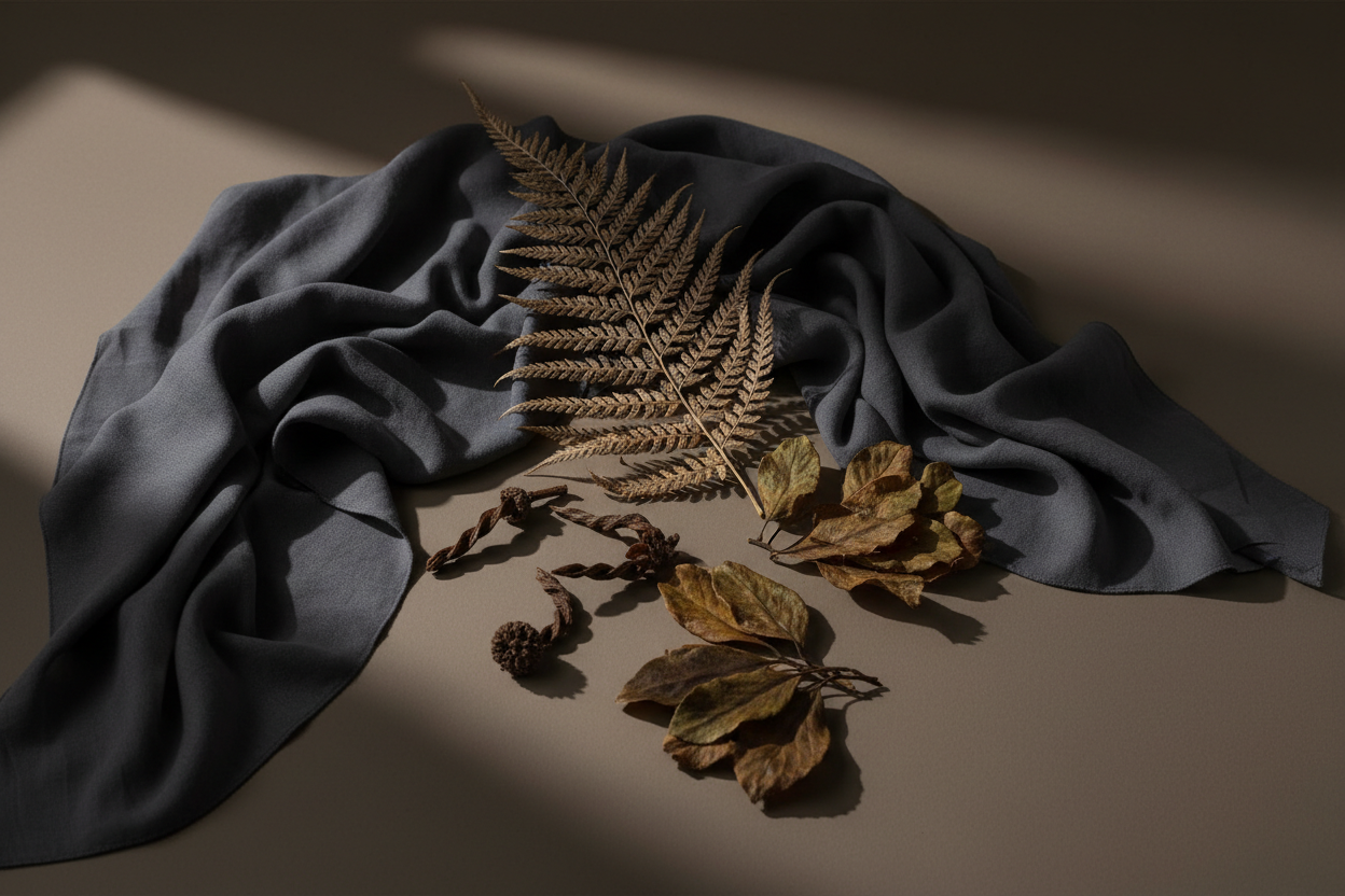 Draped Black Fabric with Dried Botanicals